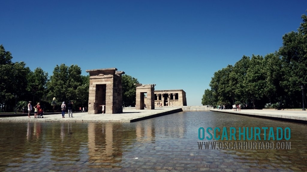 Frontal view of Debod Temple during one summer afternoon in Madrid Spain