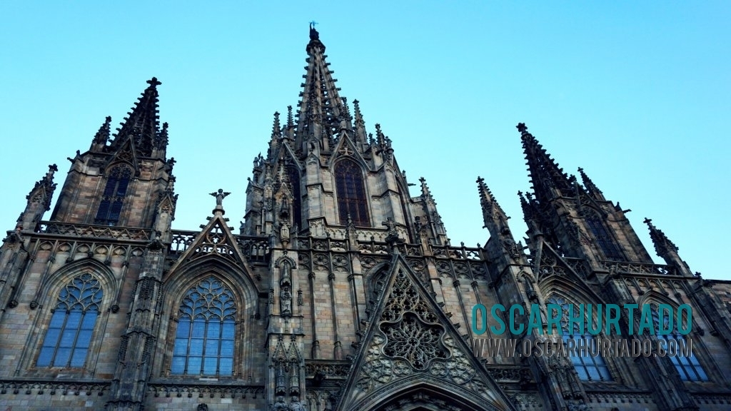 Detail view of the facade of Saint Eulalia Cathedral found in the Gothic Quarter of Barcelona Spain