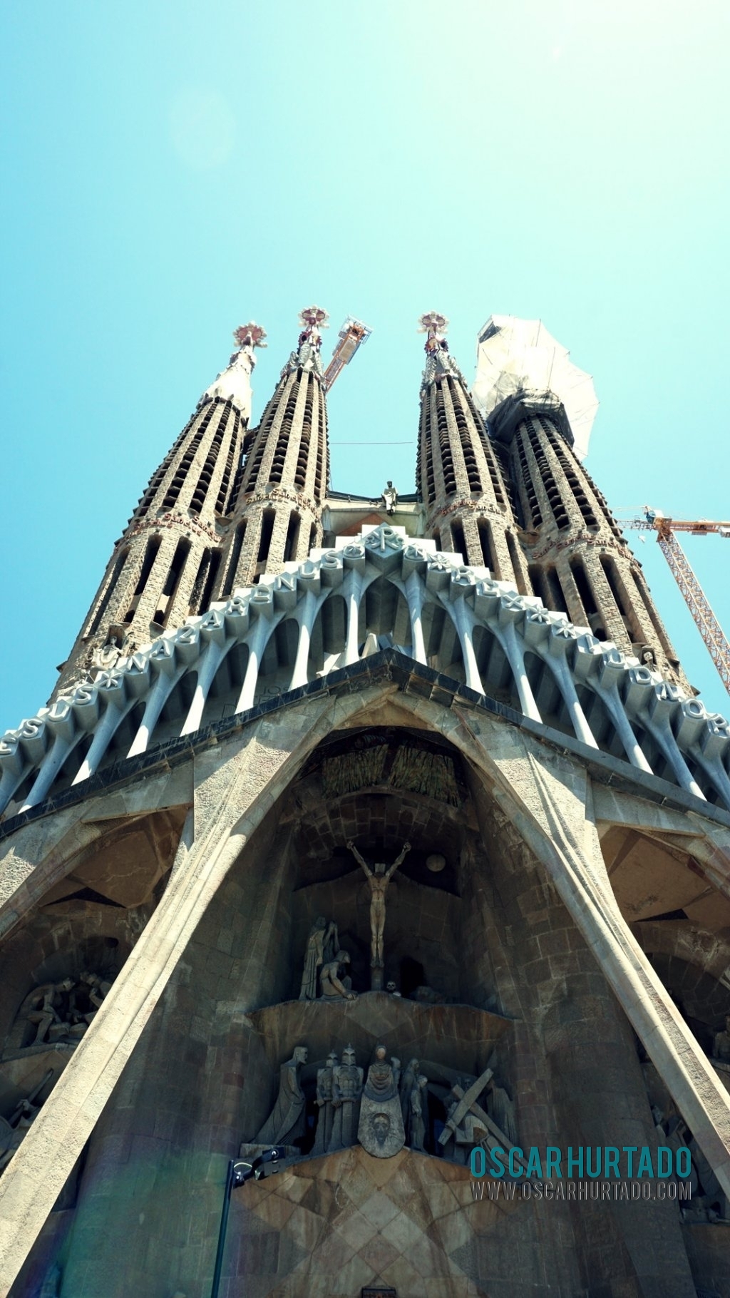 The passion facade of the iconic Basilica de la Sagrada Familia in Barcelona Spain