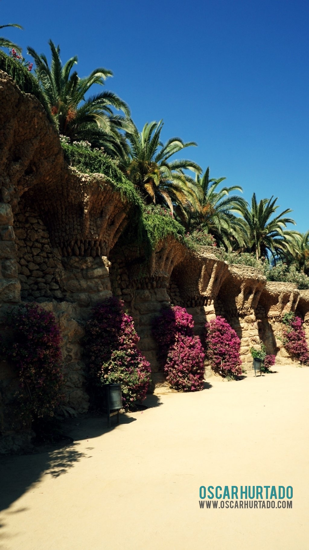 Detail view of the gardens found in Parc Güell during one summer day in Barcelona Spain