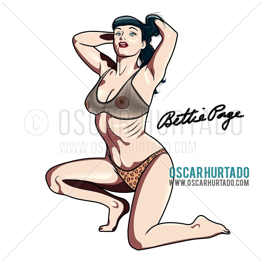 Digital portrait of pinup model Bettie Page kneeling and wearing iconic leopard bikini