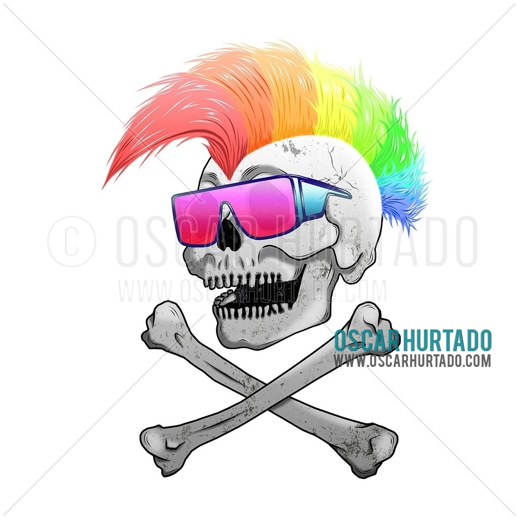 Digital portrait of a skull in punk style wearing a rainbow mohawk, cool sunshades and crossbones below