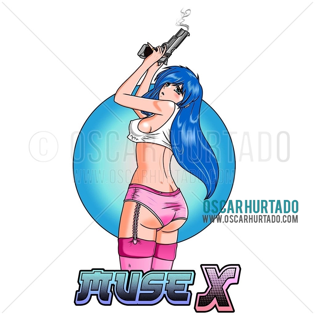 Digital portrait of an anime style girl with long blue hair holding a smoking gun and wearing a sexy outfit