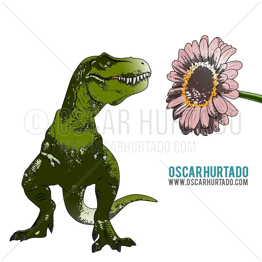 Digital portrait of a menacing but sweet Trex sniffing a giant pink flower
