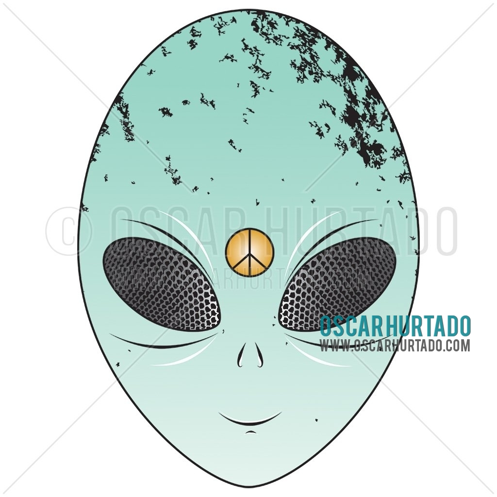 Digital portrait of the face of a grey alien with peace sign on forehead