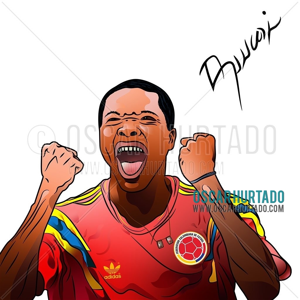 Digital drawing based on the classic photograph of Colombian football player Freddy Rincón when he scored the legendary goal against Germany in the classic 1990 FIFA World Cup match