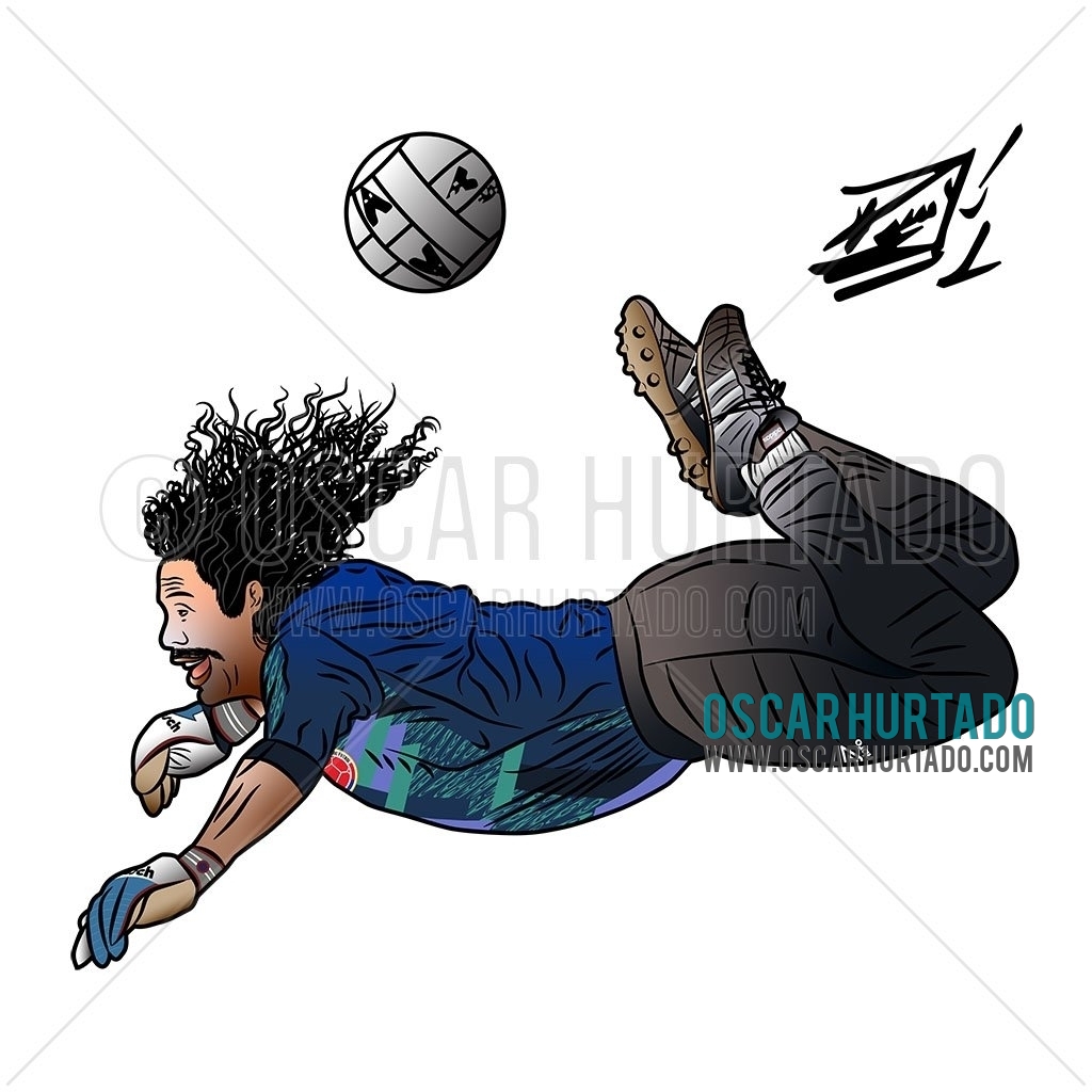 Digital drawing portraying the famous scorpion move performed by the legendary Colombian goalkeeper Rene Higuita as seen in the classic 1995 match against England