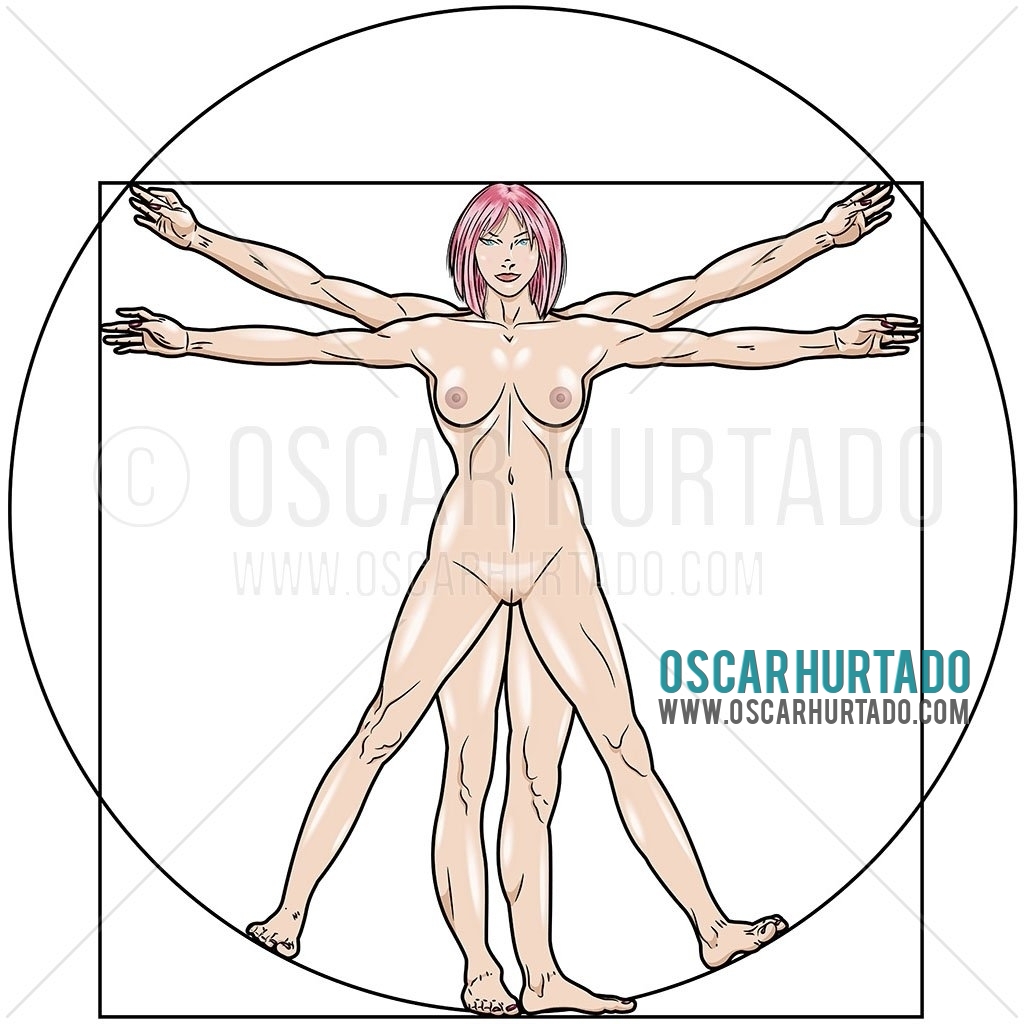 Beautiful digital illustration of an athletic young woman posing in the style of Leonardo da Vincis iconic sketch