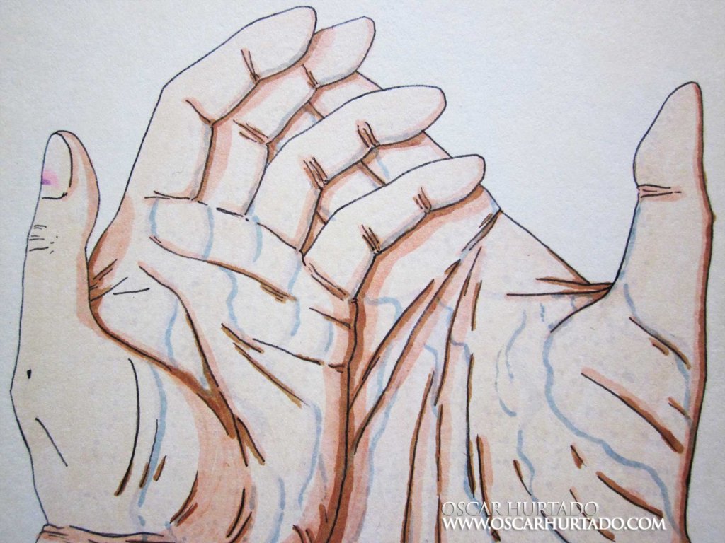 Detail view of the hands portrayed in the marker drawing titled The Day my Hands Cried