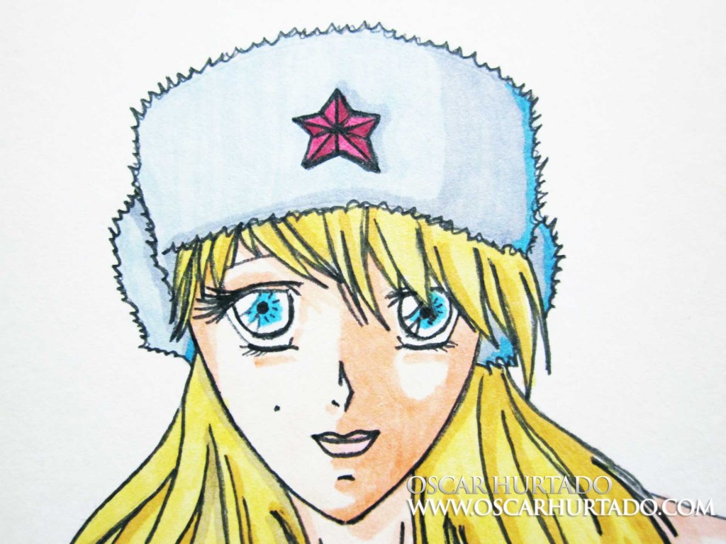 Detail view of the girl's face and ushanka portrayed in the marker drawing titled Matrioshka