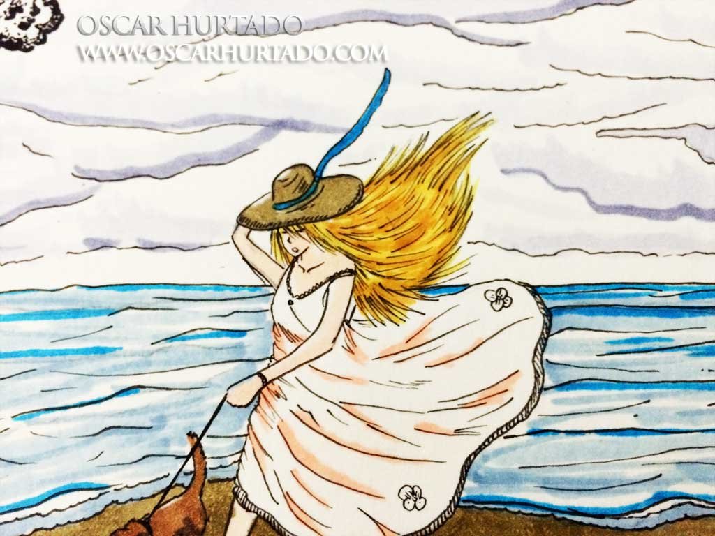 Detail view of the lady and her hat portrayed in the marker drawing titled Lady with a Little Dog