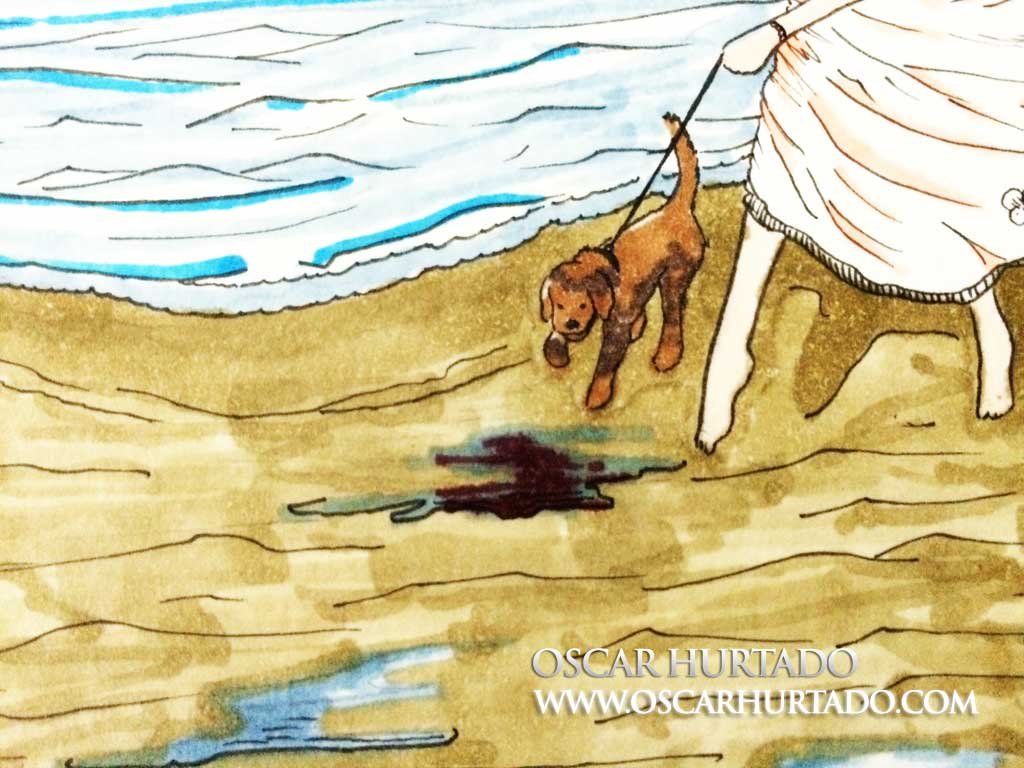 Detail view of the little dog portrayed in the marker drawing titled Lady with a Little Dog