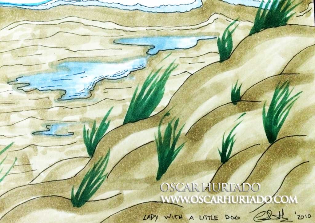 Detail view of sand dunes from the beach scene portrayed in the marker drawing titled Lady with a Little Dog