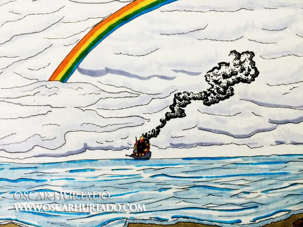 Detail view of a ship on the horizon portrayed in the marker drawing titled Lady with a Little Dog