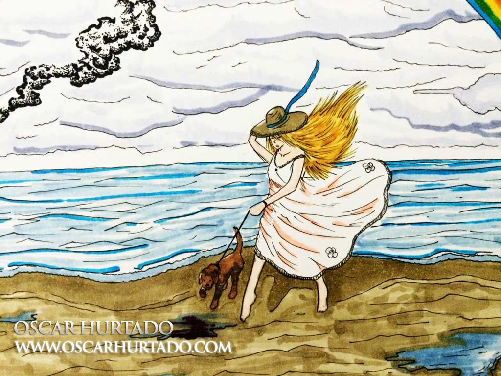 Detail view of the lady portrayed in the marker drawing titled Lady with a Little Dog