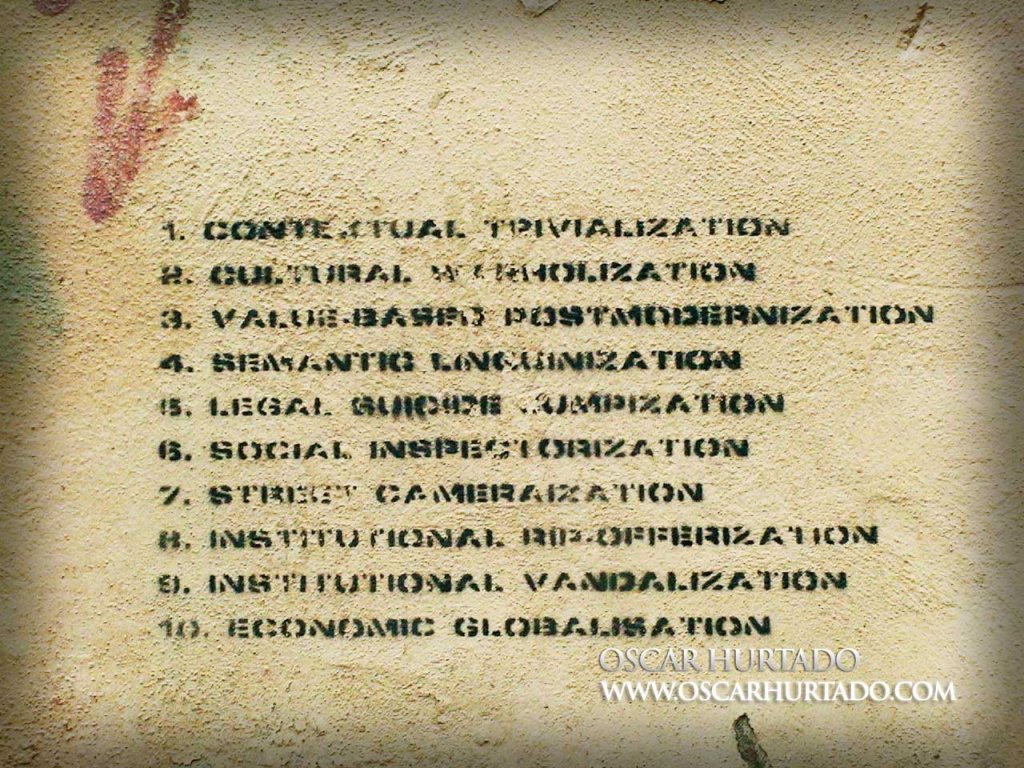 Graffiti portraying a list of all evils impacting society nowadays