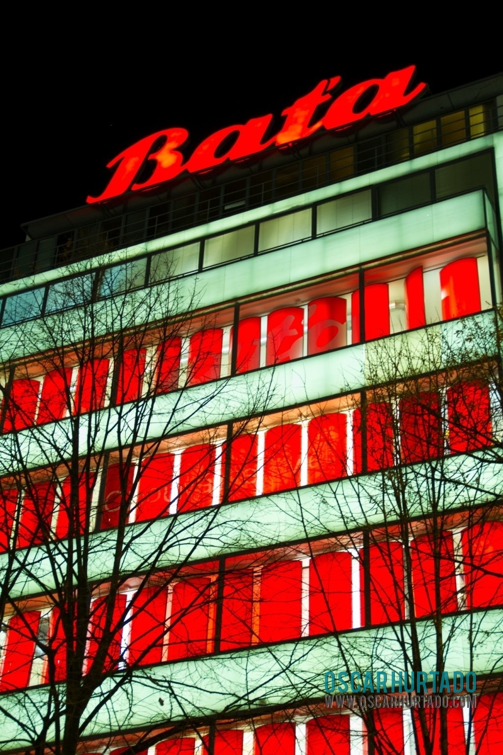 The iconic Bata Building with its bright red roof sign and architecture