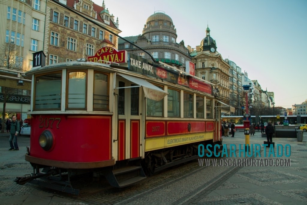 Detail view of the iconic red tram wagon of the Café Tramvaj in Wenceslas Square in Prague