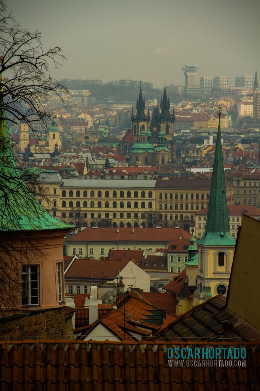 Beautiful distant view of the city landscape and the Church of Our Lady before Týn