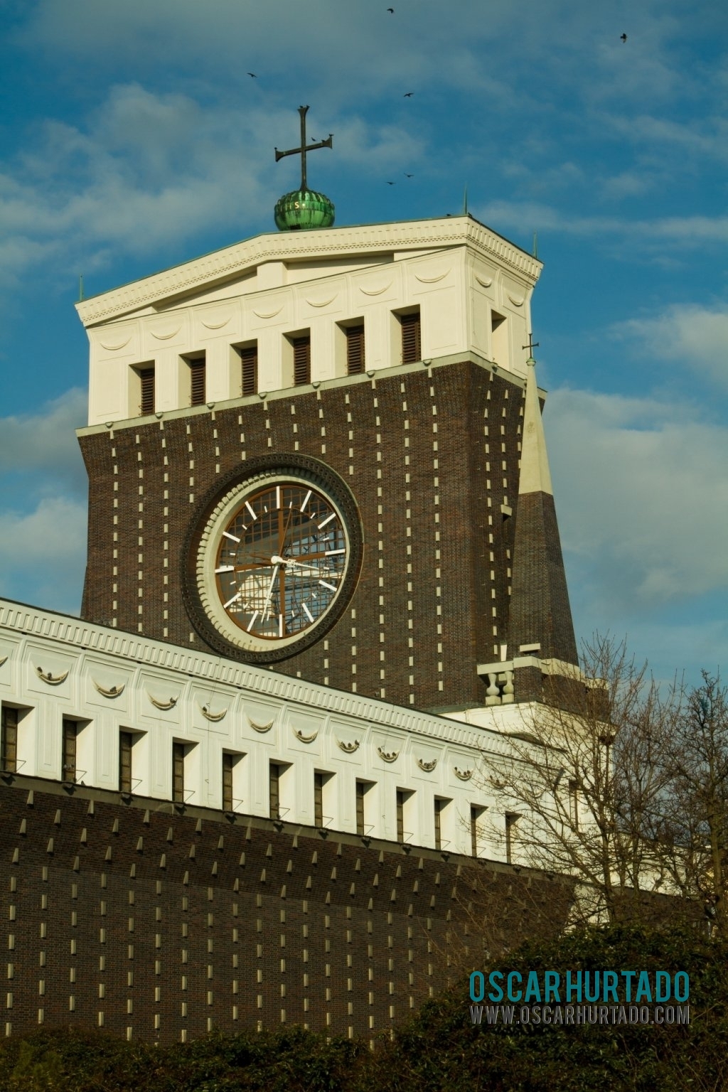 Low angle view of the Clock Tower of the Church of the Most Sacred Heart of Our Lord in Prague