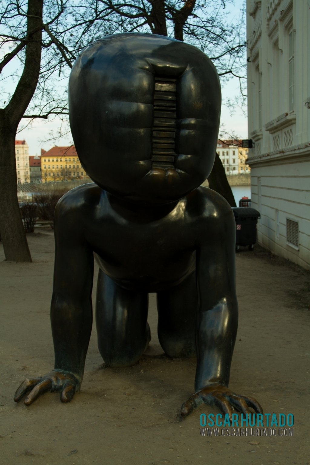 The iconic Crawling Baby statue by Czech artist David Černý located next to the Modern Art Museum in Prague