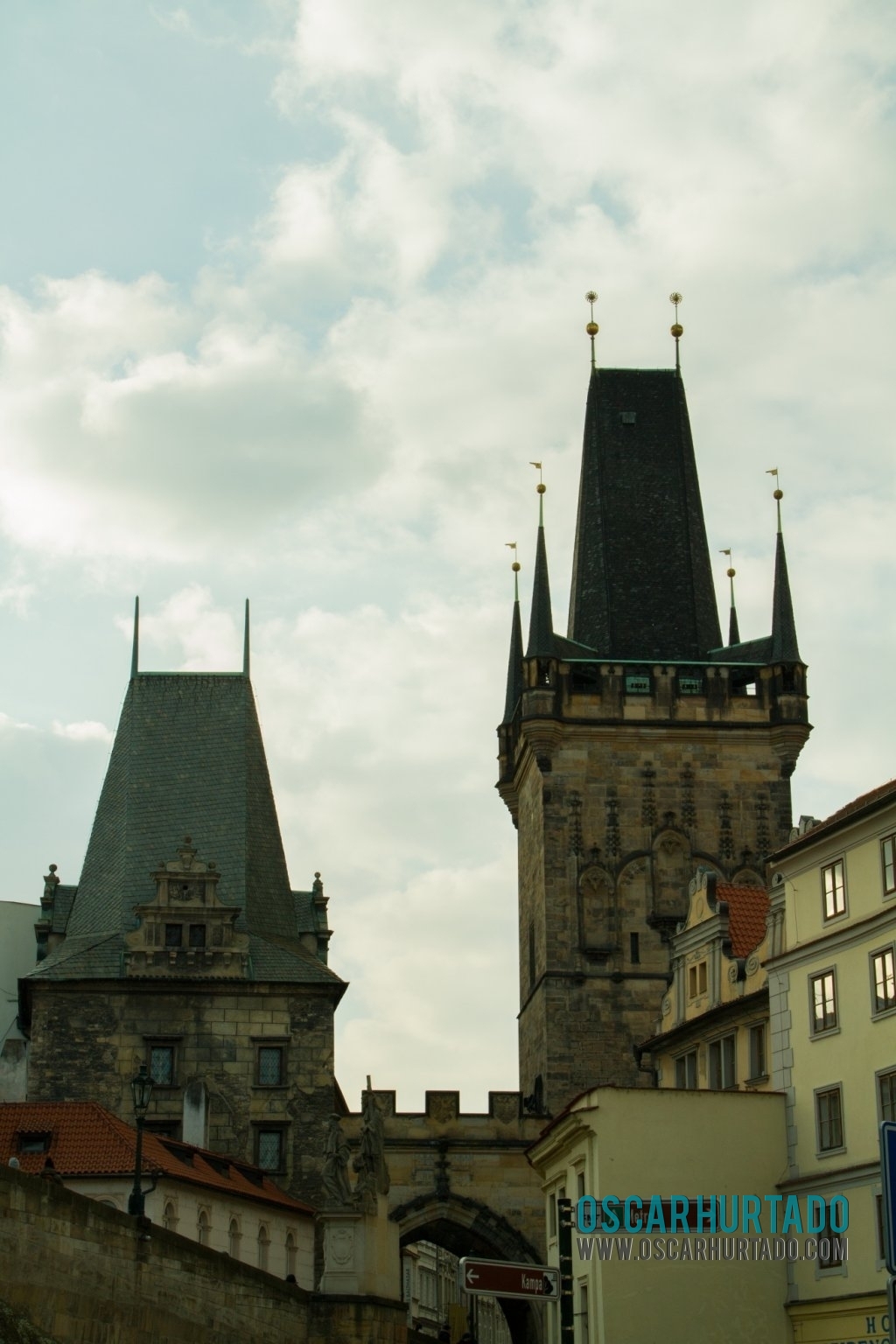 The towers found on the side of Prague Castle after crossing Charles Bridge