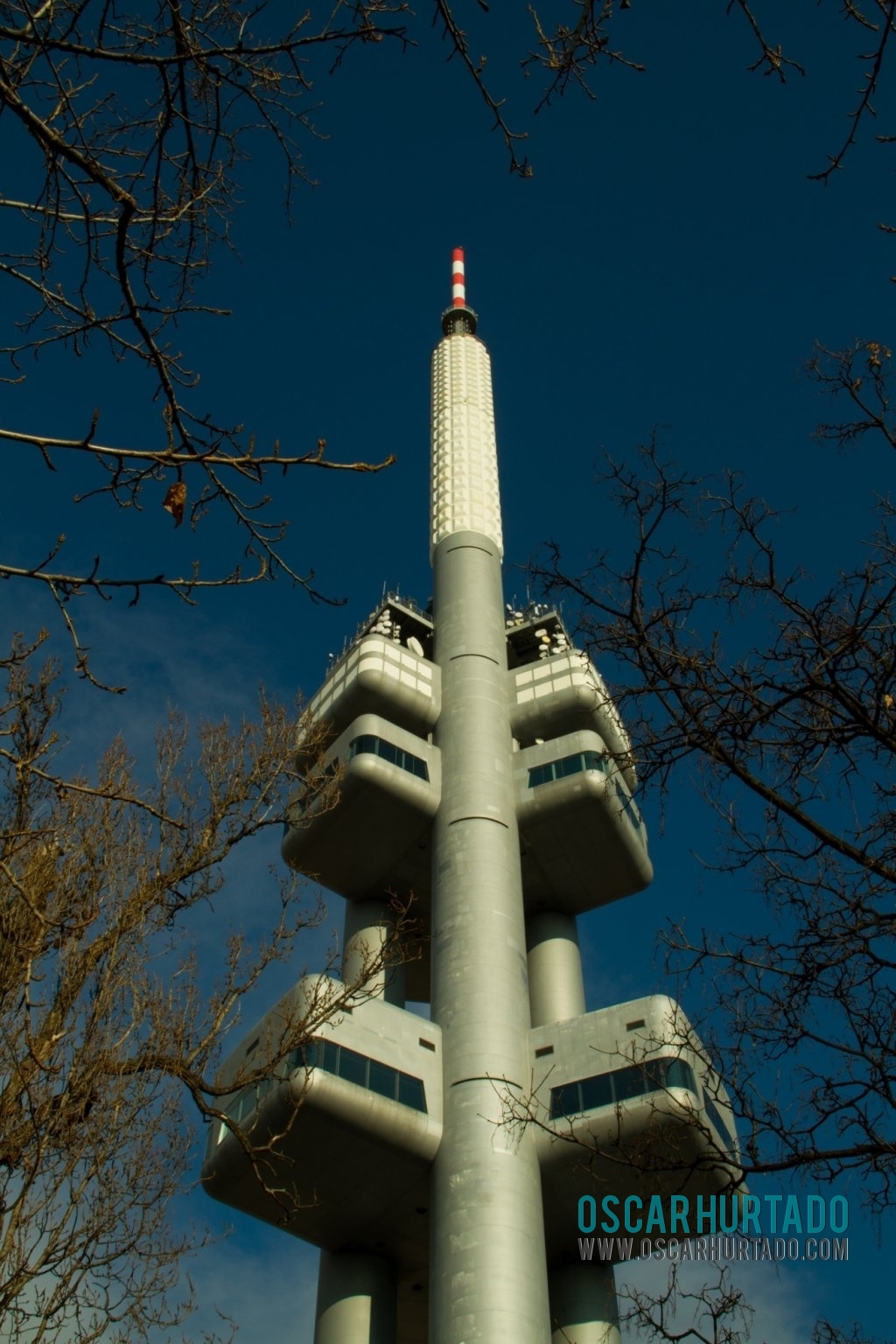 Beautiful low angle view of the iconic Žižkov Television Tower in Prague