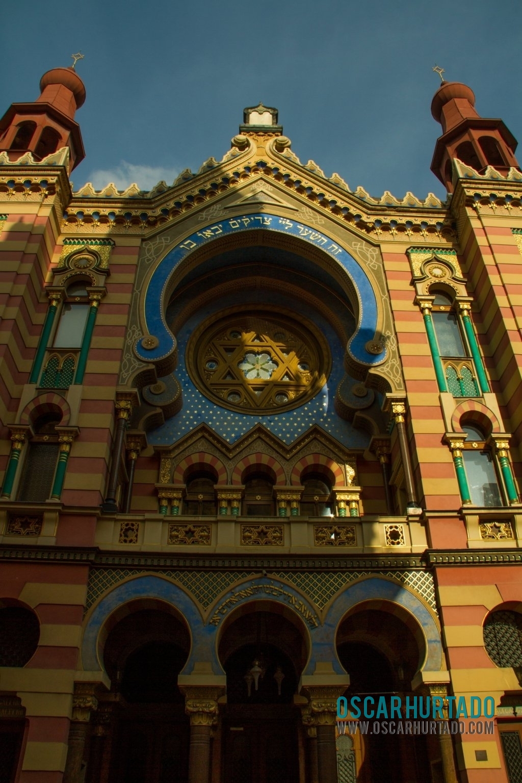 Low angle view of the beautiful and colorful Jubilee Synagogue in Prague