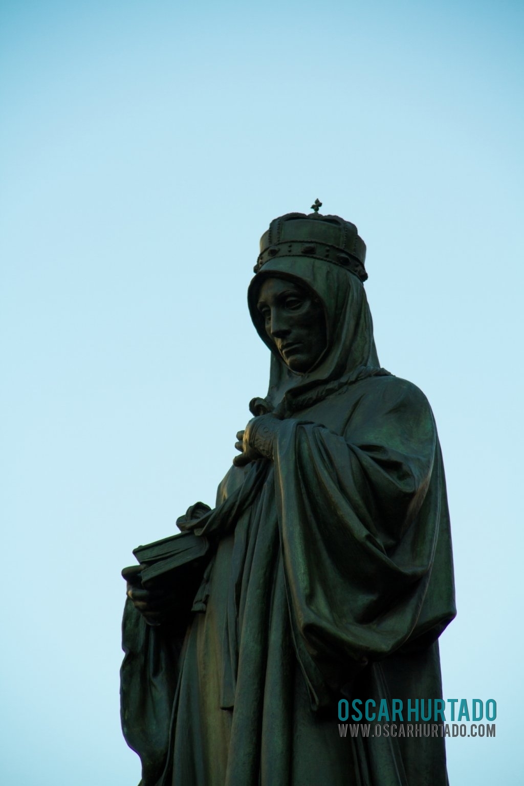 Low angle view of the statue of Saint Ludmila in Wenceslas Square