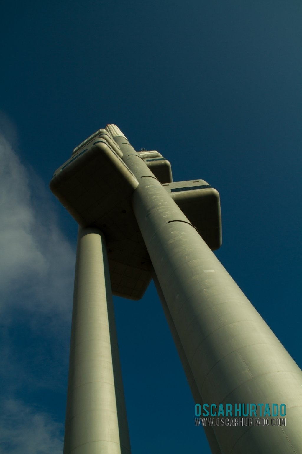 Almost bottom angle of the iconic Žižkov Television Tower in Prague and without the crawling babies statues
