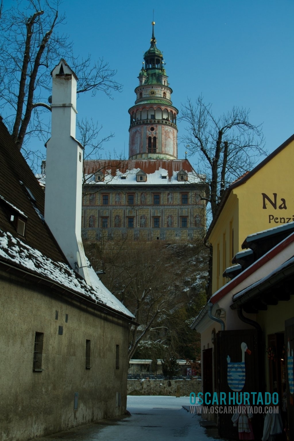 View of the Český Krumlov Castle as seen from one the town streets