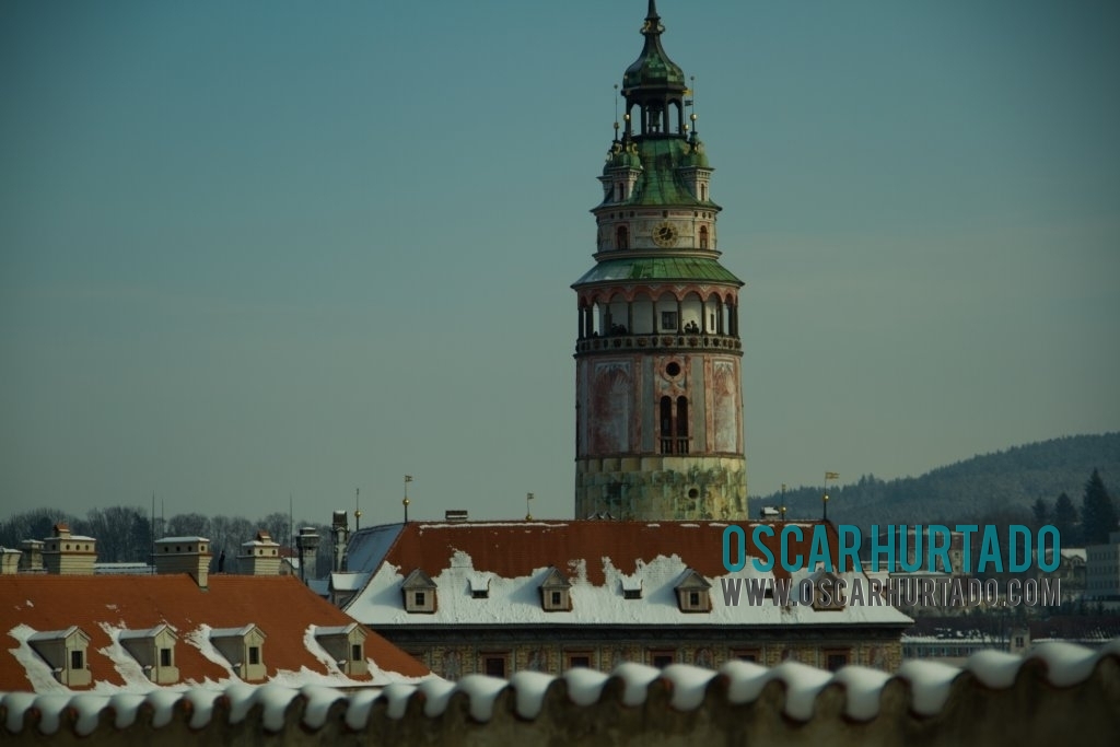 Eye level view of the Český Krumlov Castle round tower during winter season