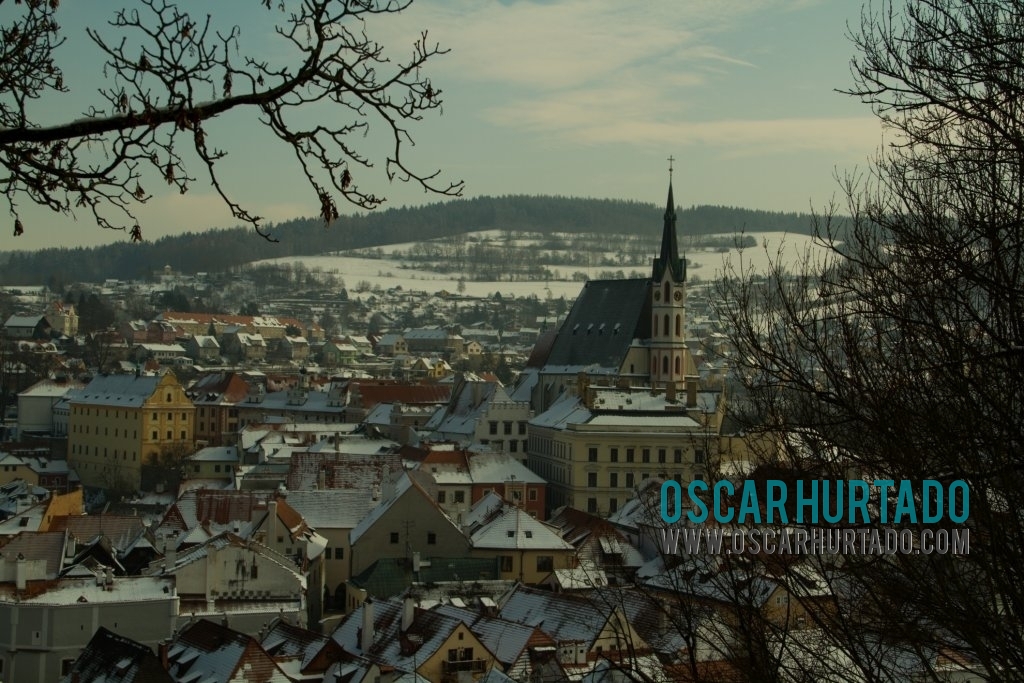 The town of Český Krumlov seen from a distance during one cold winter day