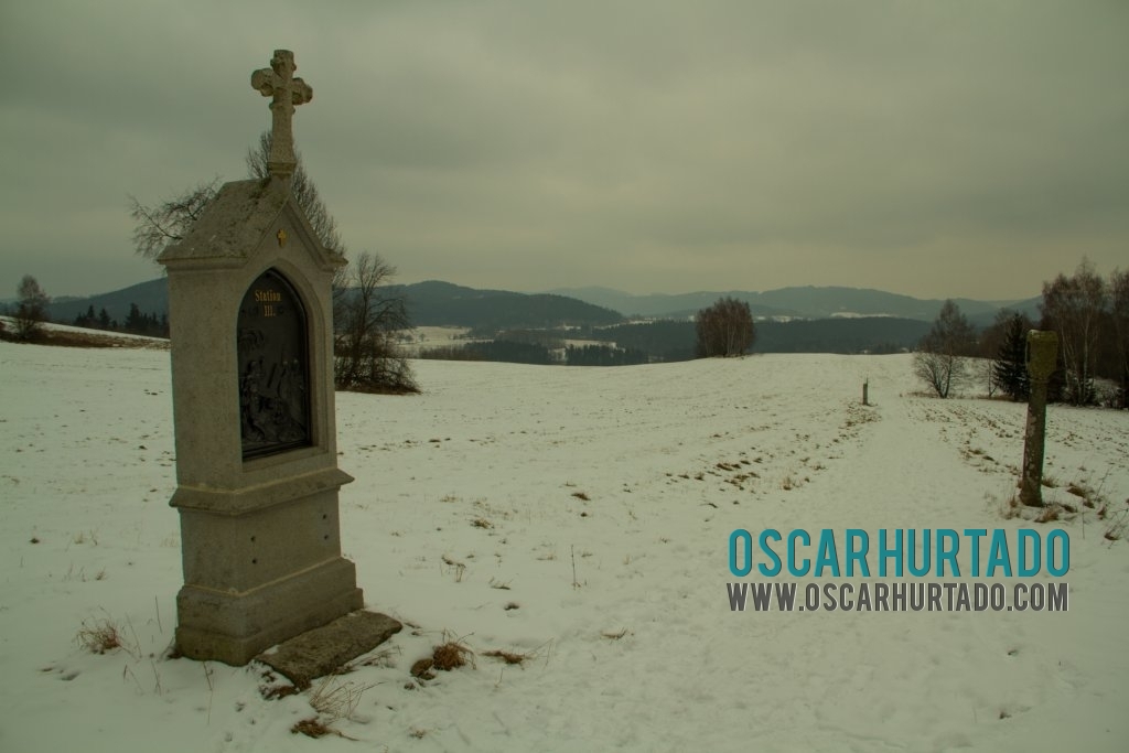 View of the third station of the cross situated on the landscape leading to the Maria Rast am Stein Chapel