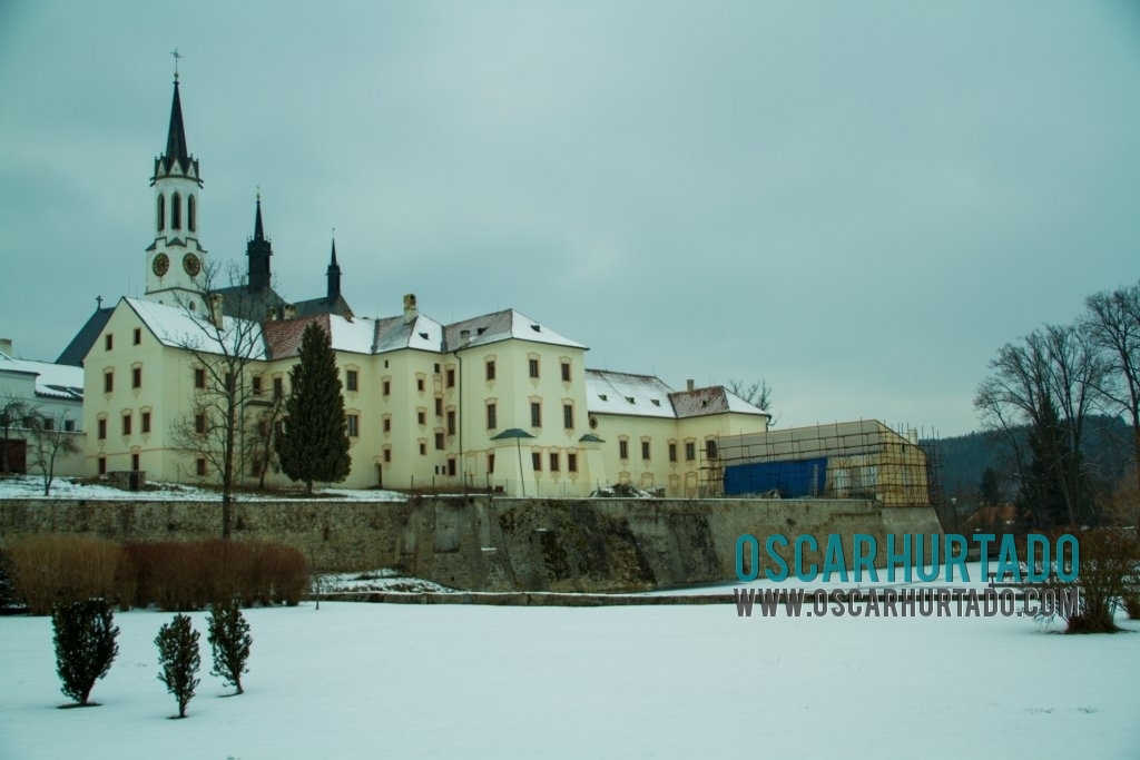 View of the beautiful Vyšší Brod Monastery from the gardens during winter season