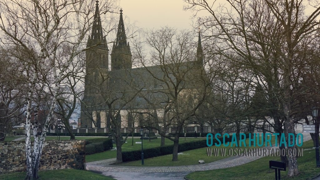 Distant view of the gothic Basilica of Saint Peter and Saint Paul located in the district of Vyšehrad in Prague