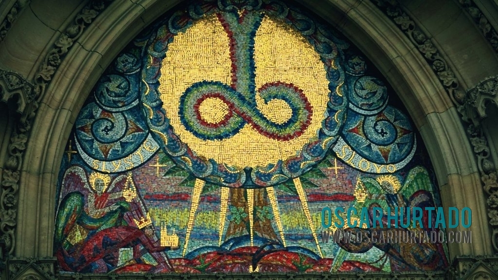 Multicolored and highly detailed mosaic decorating the entrance to the Basilica of Saint Peter and Saint Paul
