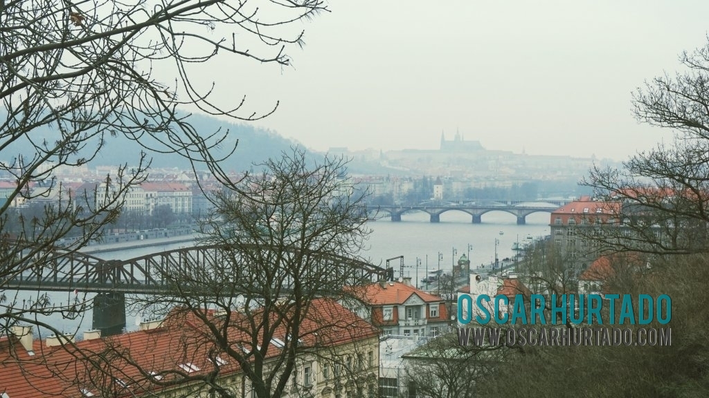 Distant view of the majestic Vltava river and some of its beautiful bridges