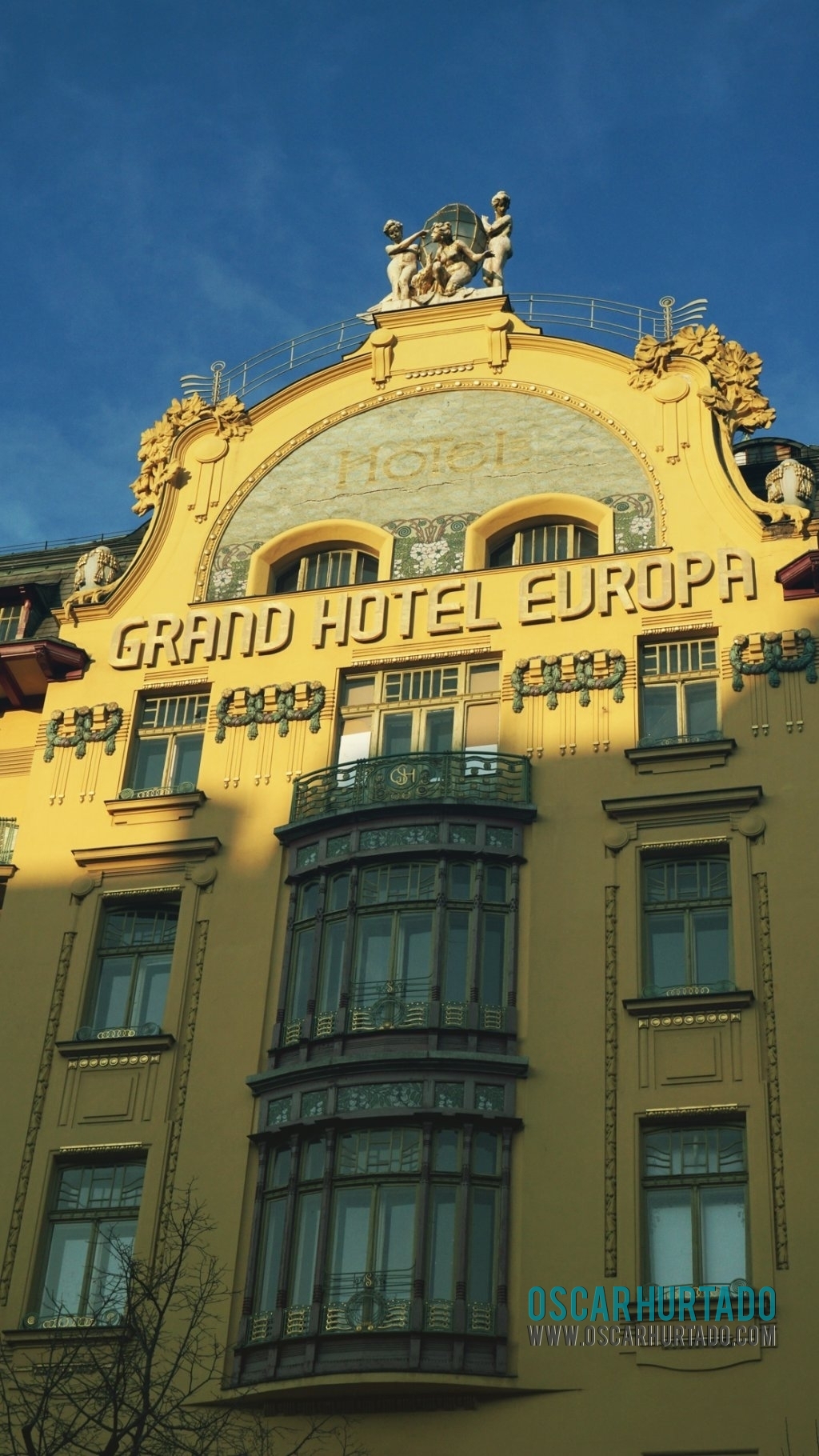 The beautiful art nouveau facade of the majestic Grand Hotel Europa in Prague