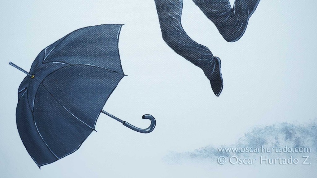 Detail view of an umbrella flying into the void portrayed in the acrylic painting titled The Great Jump into Glory