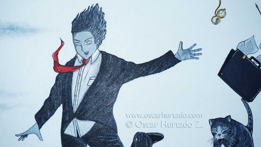 Detail view of the male character jumping into the void as portrayed in the acrylic painting titled The Great Jump into Glory