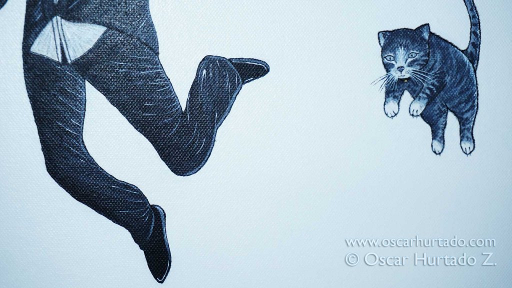 Bottom section of the male character jumping into the void as portrayed in the acrylic painting titled The Great Jump into Glory