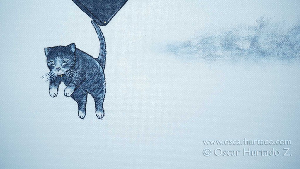 Detail view of the cat jumping into the void as portrayed in the acrylic painting titled The Great Jump into Glory