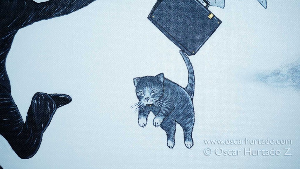 Detail view of the cat and the briefcase suspended into the void as portrayed in the acrylic painting titled The Great Jump into Glory