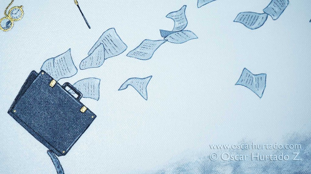 Detail view of a briefcase and flying papers as they are suspended in the void in the acrylic painting titled The Great Jump into Glory
