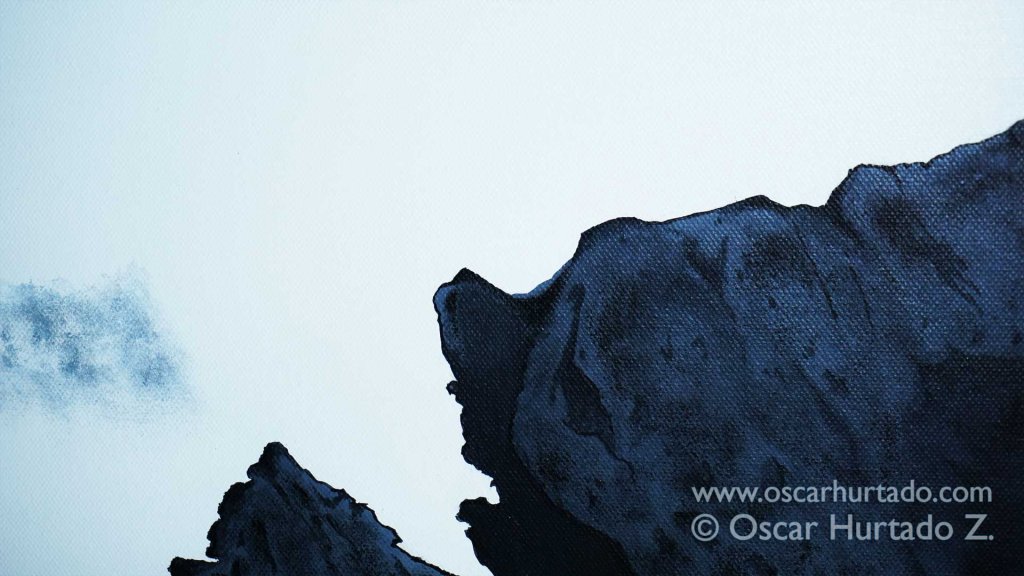 Detail view of the rock edge portrayed in the acrylic painting titled The Great Jump into Glory