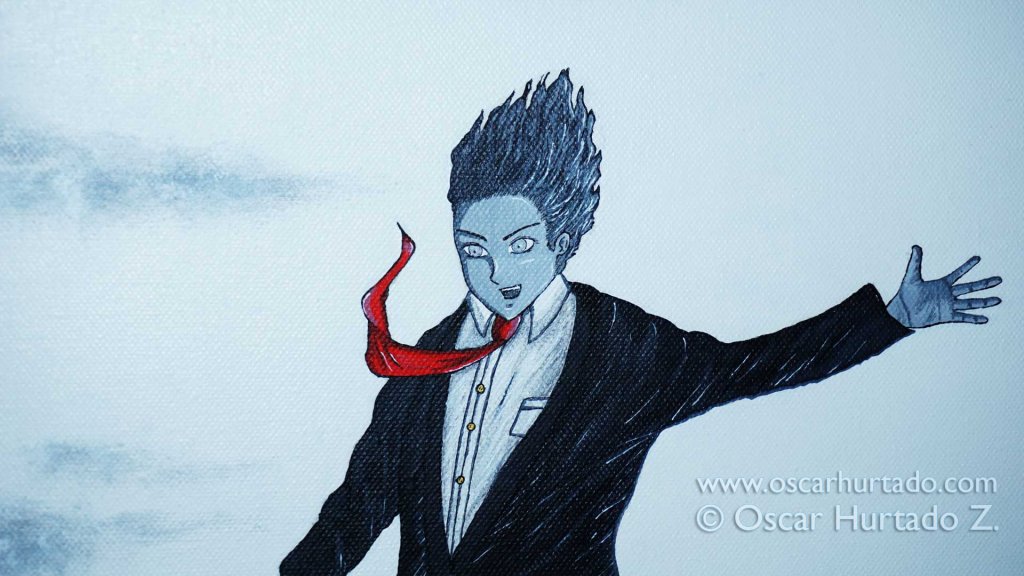 Top section of the male character suspended in the void as portrayed in the acrylic painting titled The Great Jump into Glory