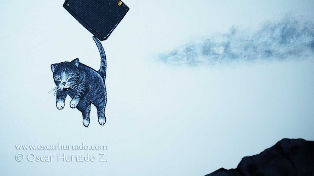 Detail view of the cat jumping from the rock edge as portrayed in the acrylic painting titled The Great Jump into Glory