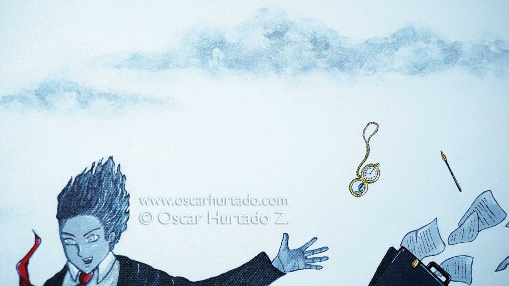 Detail view of a golden pocket watch and pen as portrayed in the acrylic painting titled The Great Jump into Glory