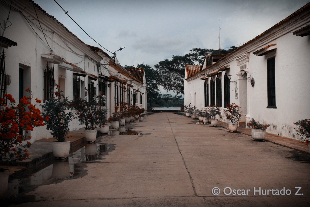 A beautiful colonial street decorated with flowers and leading to a framed view of the Magdalena river